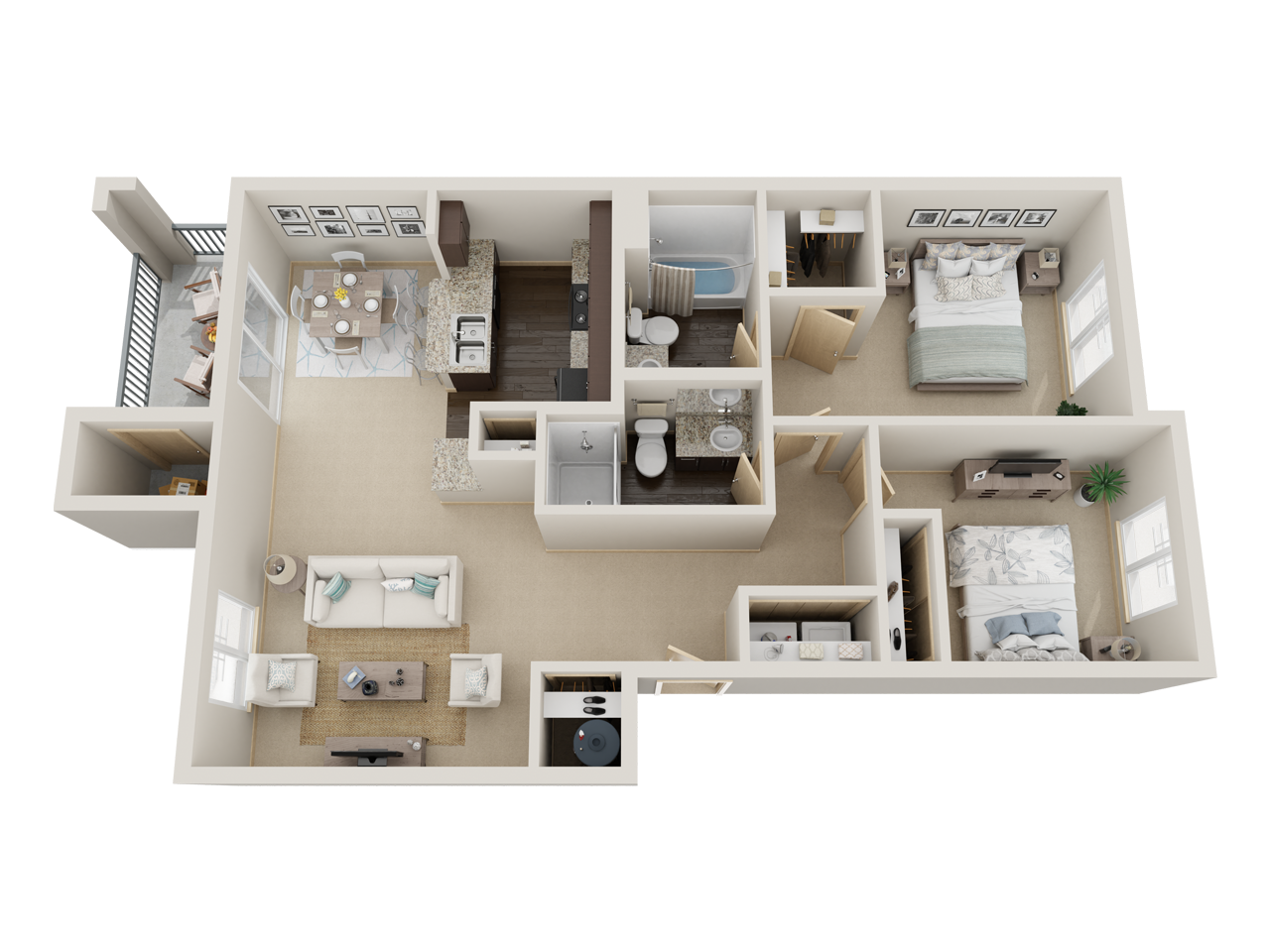Floor plan for 2 beds, 2 baths, 968 sqft